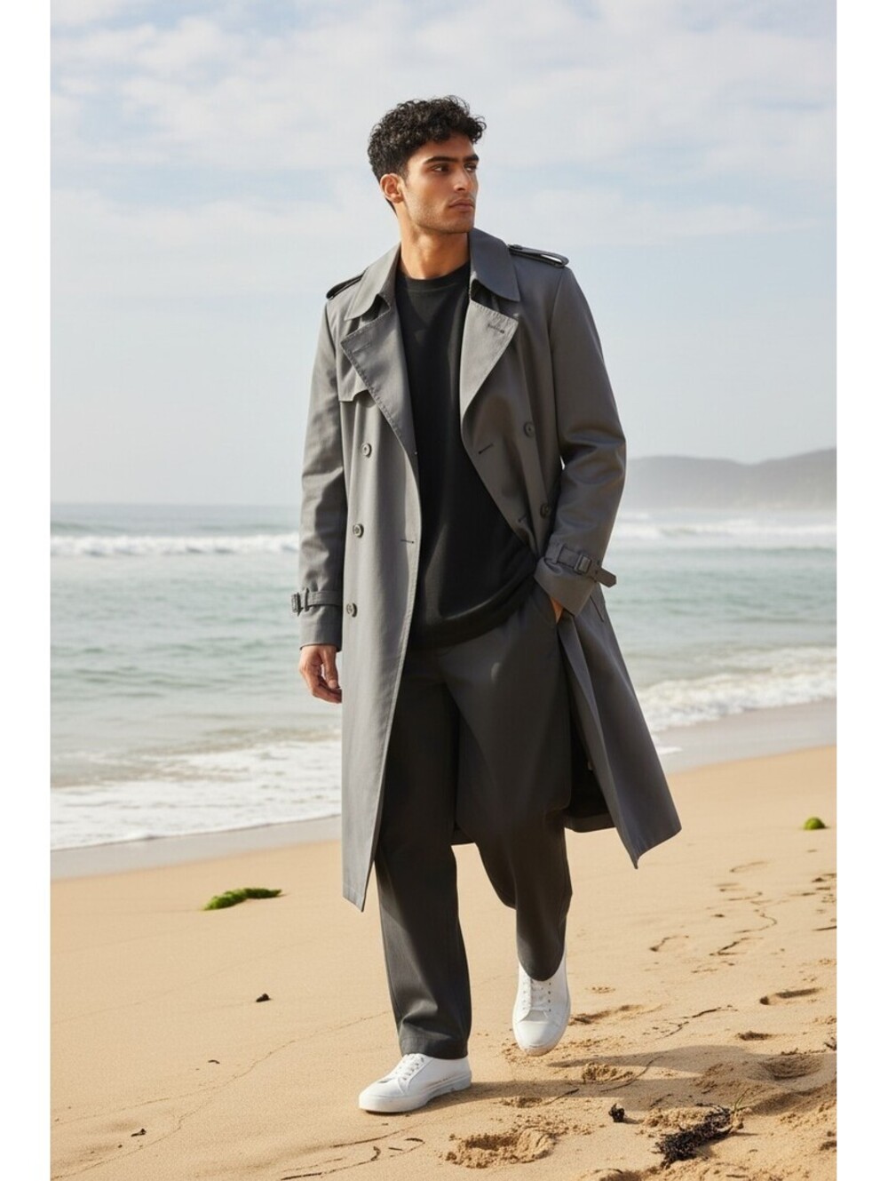 Vintage Christian Dior Monsieur Trench Coat Gray 42R Wool Liner Double Breasted